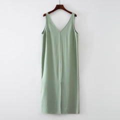 Women Solid White V Neck Sleeveless Fashion Dress Split Tank Dress