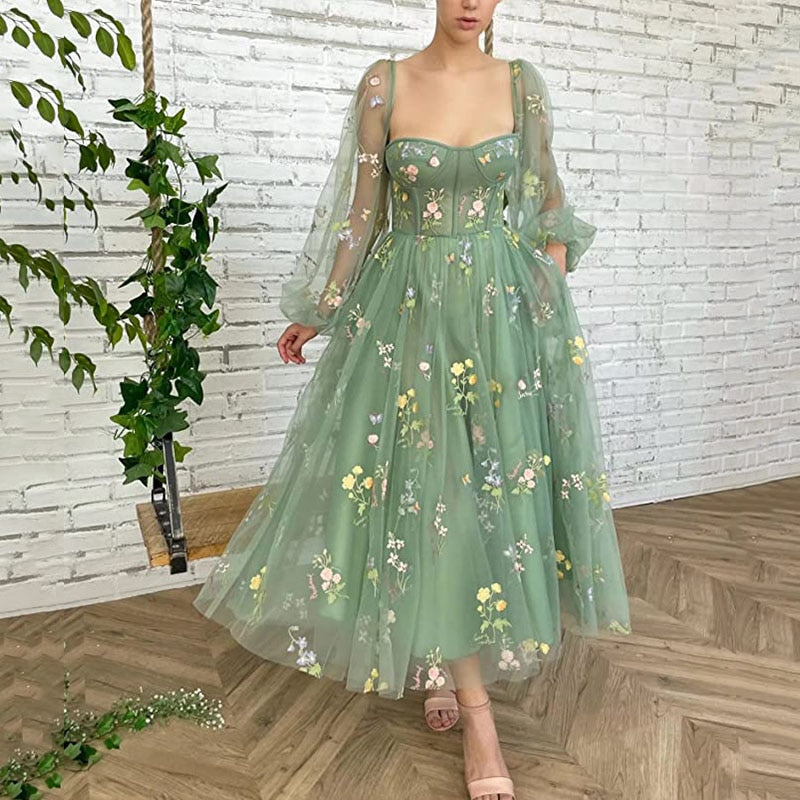 Homecoming Dresses: Mint Green Embroidered Lace Tulle Pastoral Prom Dress Puff