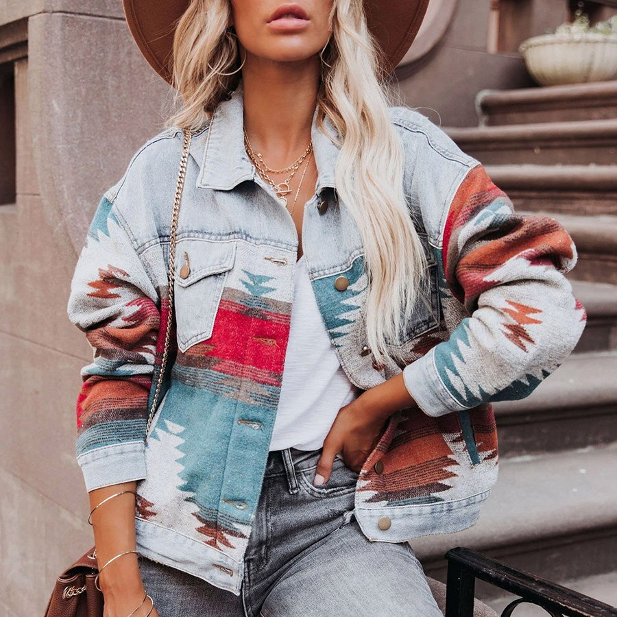 Retro Denim Jacket Long Sleeved Lapel Loose Denim Stitching Woolen