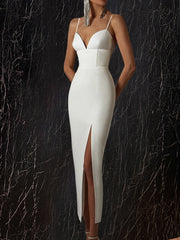 Summer Women White Bodycon Bandage Dress V Neck Spaghetti Strap