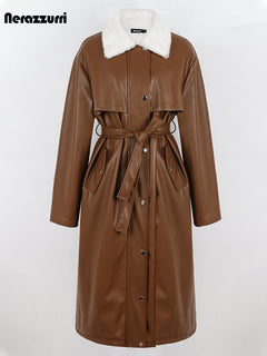 Winter Long Loose Casual Thick Warm Brown Black Pu Leather
