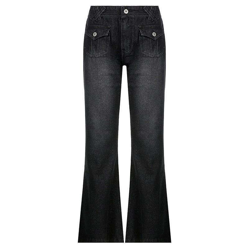 Low Waist Denim Jeans women Vintage Cute Chic Straight Pants wide leg