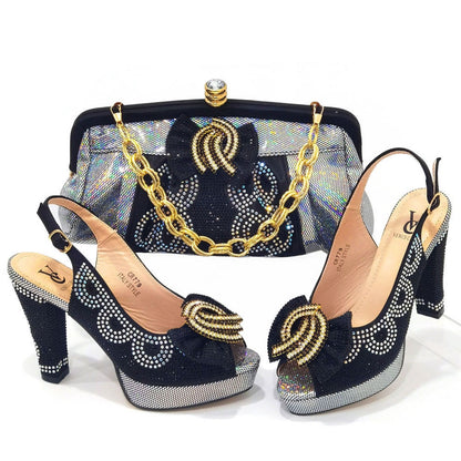 Shoes for Women Rhinestone Bow Pumps Black Color Fashion Party Wedding Shoes and Bag Set