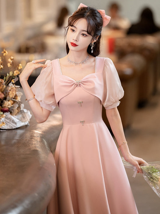 Evening wear Dresses: Pink Prom Dress Puff Sleeve Collar Mid-Length A-Line Party