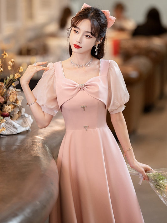 Pink Prom Dress Puff Sleeve Collar Mid-Length A-Line Party