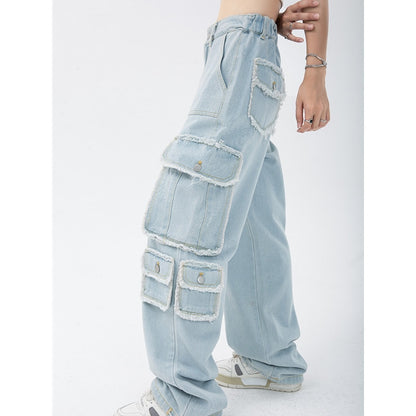 Blue Women Straight Cargo Jeans High Waist American Streetwear