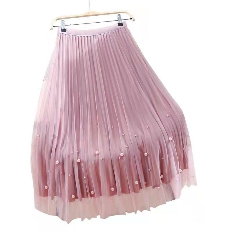 Rimocy Both Sides Wear Pearls Mesh Skirt Women Summer Velvet High Waist