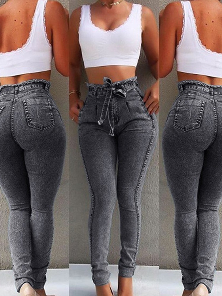 High Waist Jeans For Women Slim Stretch Denim Jean Bodycon Tassel Belt