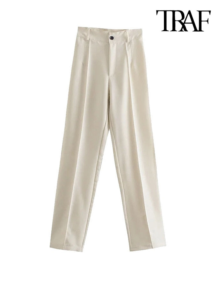 Women Chic Fashion Office Wear Straight Pants Vintage High Waist Zipper