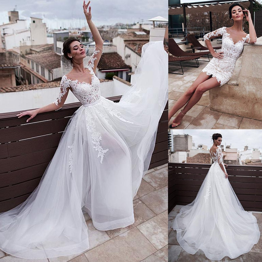 White Bridesmaid Dresses: Wedding Dresses With Detachable Skirt Lace Appliques