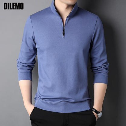 Fashion Brand Luxury Zipper Polo Shirt Men Casual Plain Korean Solid Color Long