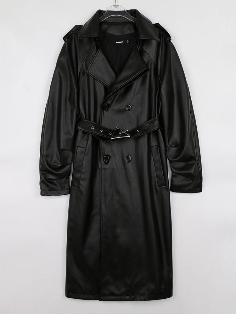 Spring Autumn Long Faux Leather Trench Coat for Women Belt Double