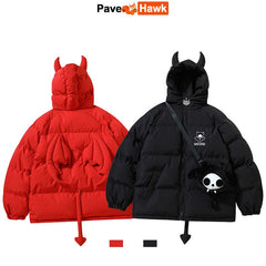 Hip Hop Parkas Men High Street Devil Horns Wing+Tail Hooded Padded Jackets