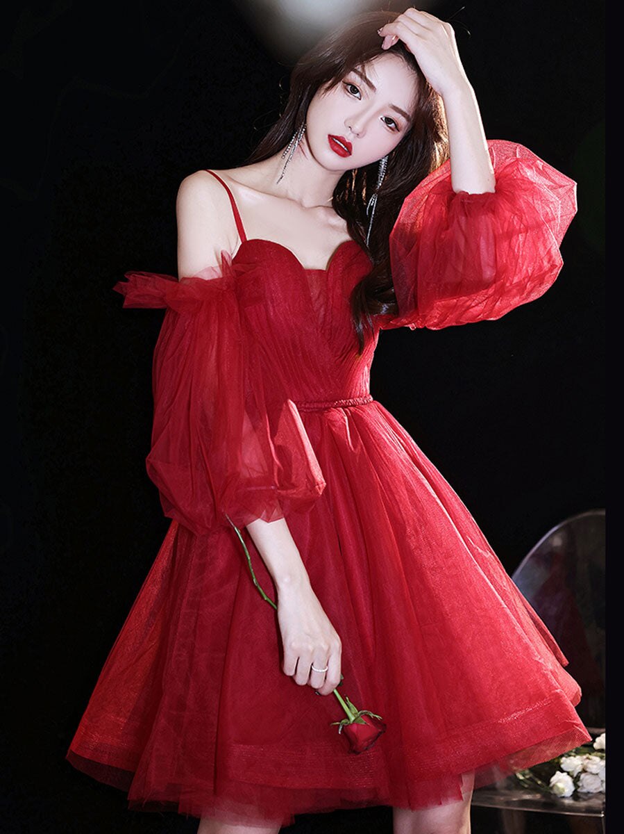 Homecoming Dresses: Red Prom Dresses Short Tulle A Line Off Shoulder 3/4 Sleeves