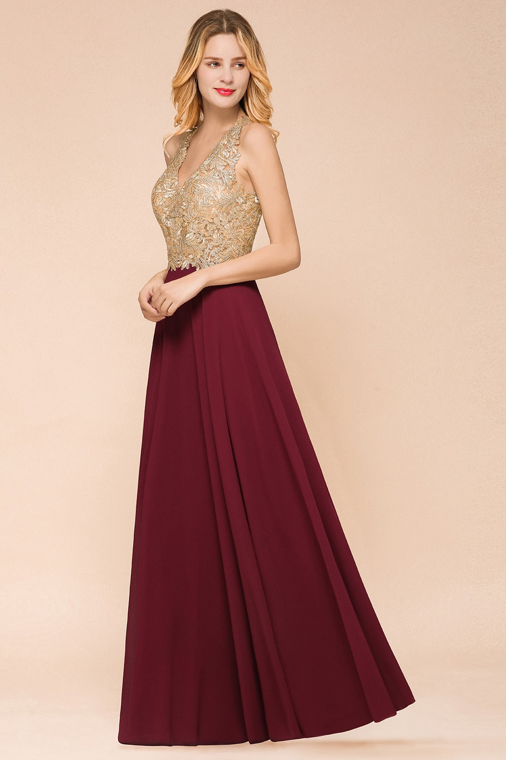 Homecoming Dresses: Long Prom Dresses V Neck Sleeveless Gown Gold Lace Applique