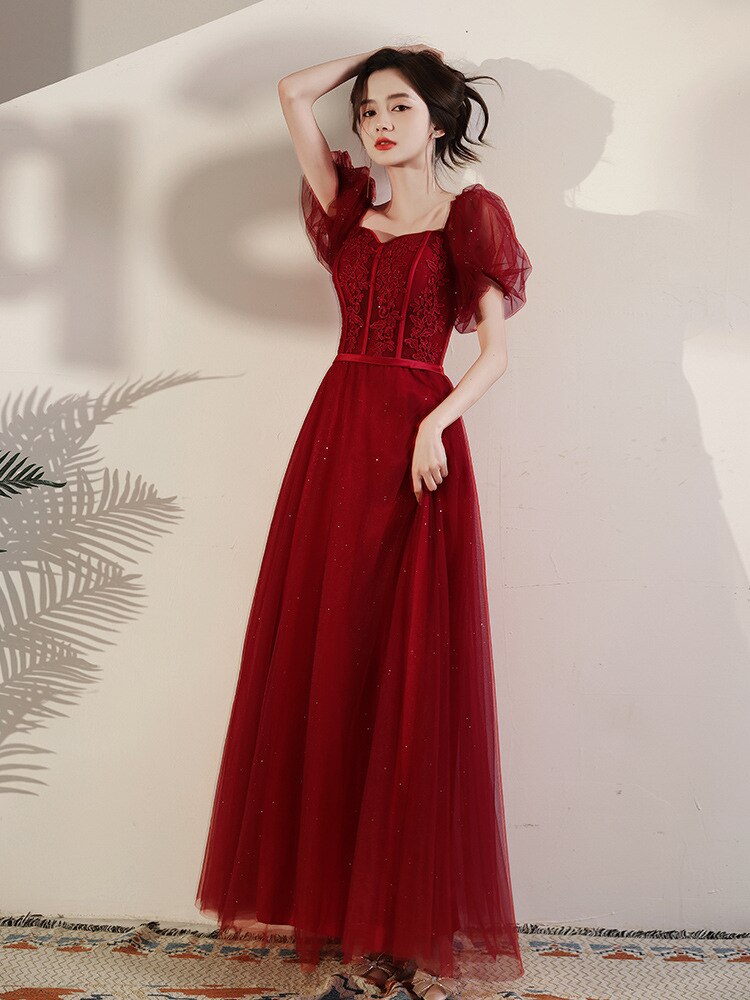 Evening wear Dresses: Red Women Prom Dress Illusion Lace Applique Tulle