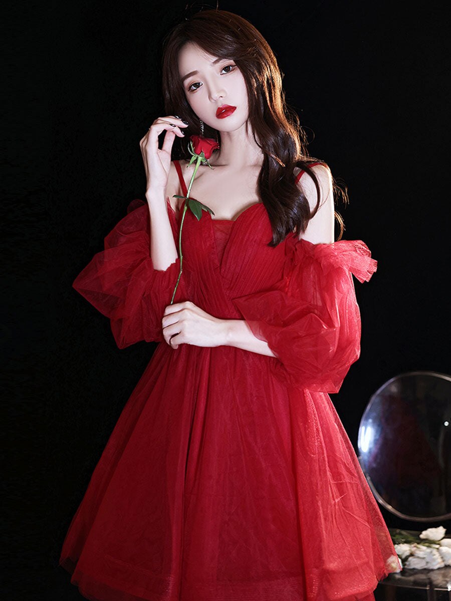 Homecoming Dresses: Red Prom Dresses Short Tulle A Line Off Shoulder 3/4 Sleeves