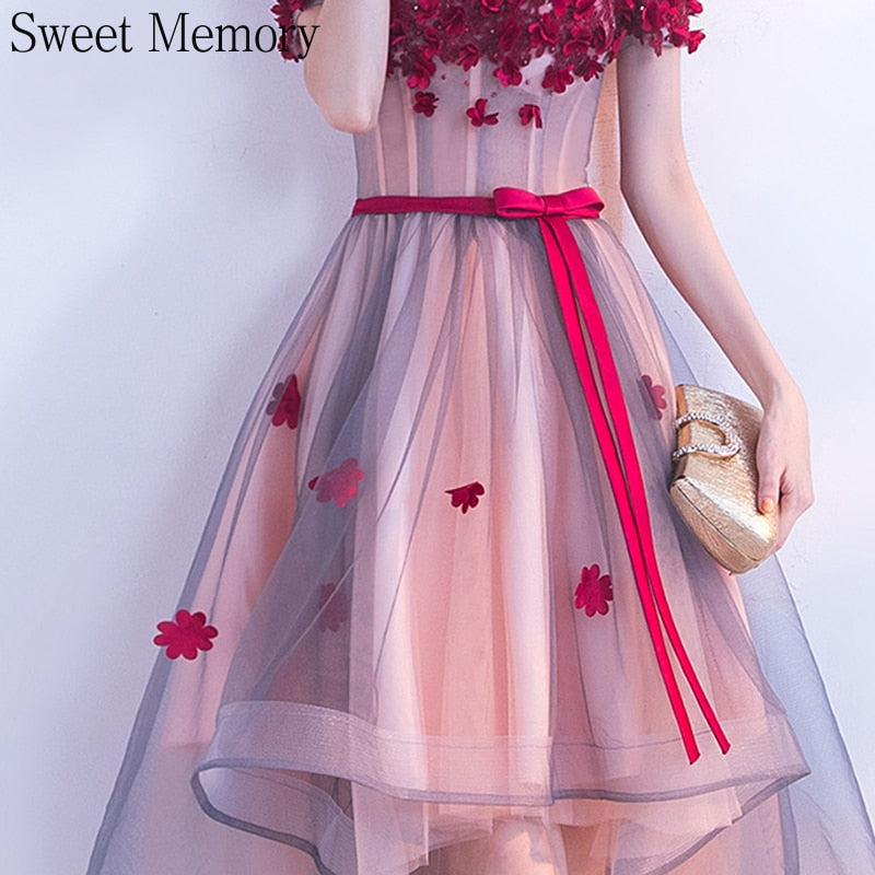 Homecoming Dresses: Dark Red Purple Prom Dresses With Flowers Boat Neck Lace