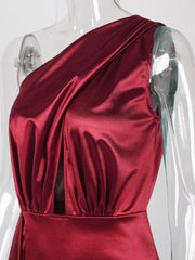 Night Dress Burgundy Stretch Satin One Shoulder