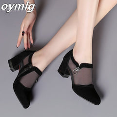 Summer Women High Heel Shoes Mesh Breathable Pumps Zip Pointed Toe Thick