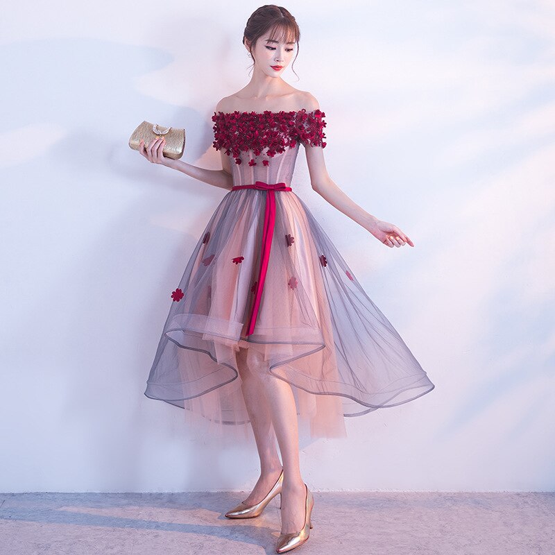 Homecoming Dresses: Dark Red Purple Prom Dresses With Flowers Boat Neck Lace