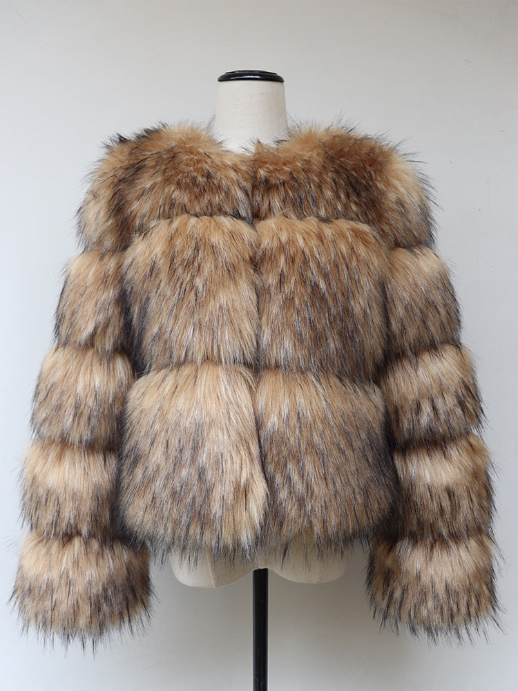 Winter Women Fashion Faux Raccoon Fur Coat Luxury Short Fluffy