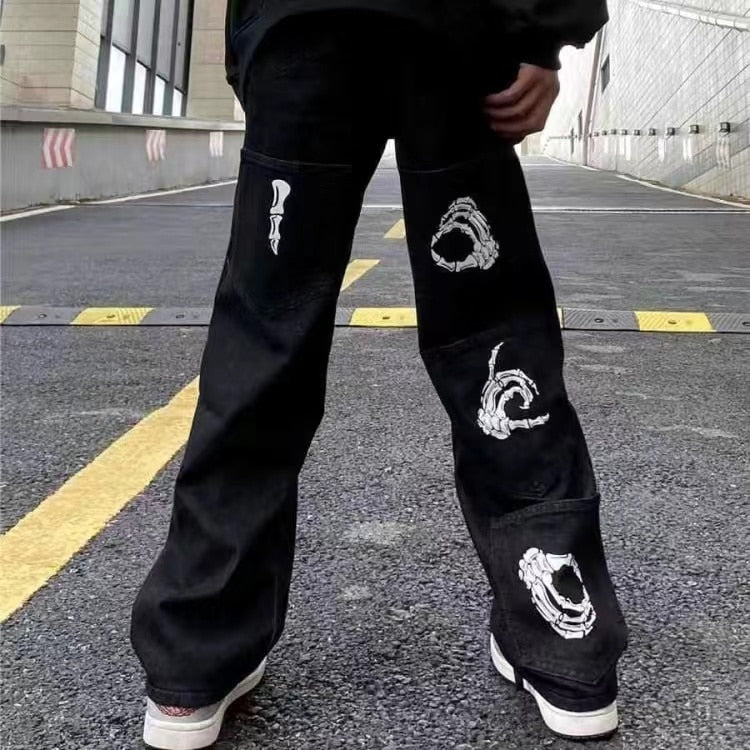 Y2K Retro Embroidered Denim Trousers Men High Street Wide Leg Pants