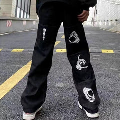 Y2K Retro Embroidered Denim Trousers Men High Street Wide Leg Pants