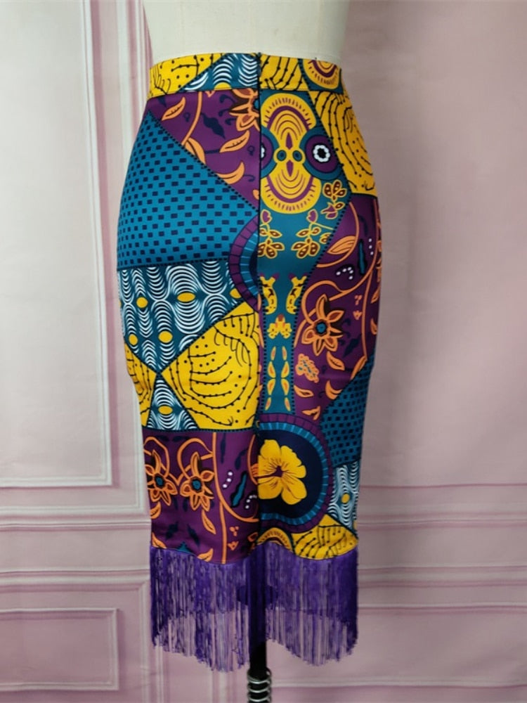 Women Summer Print Skirt Vintage Floral African Fashion High Waist Tassel Classy