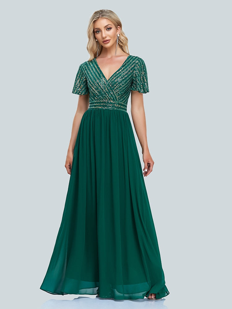 Homecoming Dresses: Women short sleeved V-neck Sequin stitched Chiffon A-line