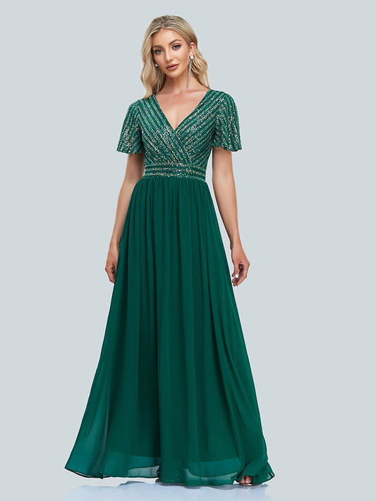 Homecoming Dresses: Women short sleeved V-neck Sequin stitched Chiffon A-line