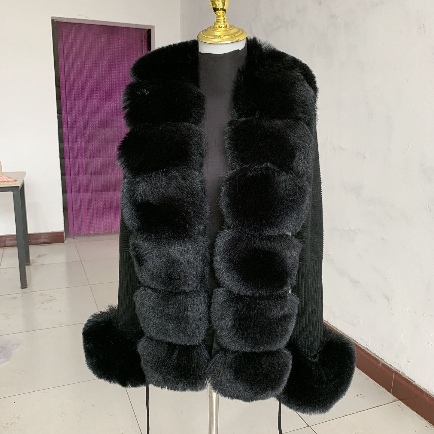 Women Faux Fur Knit Sweater cardigan Spring Autumn elegant Knitted sweater