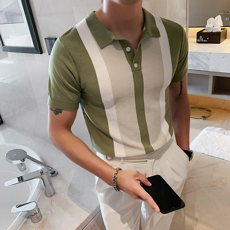 POLO Shirt Men Stripe Patchwork Knitting Casual Lapel Pullover Summer Fashion