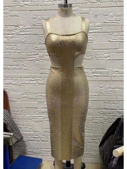 Women Summer Style Sexy Backless Hollow Out Midi Gold Bronzing Bodycon