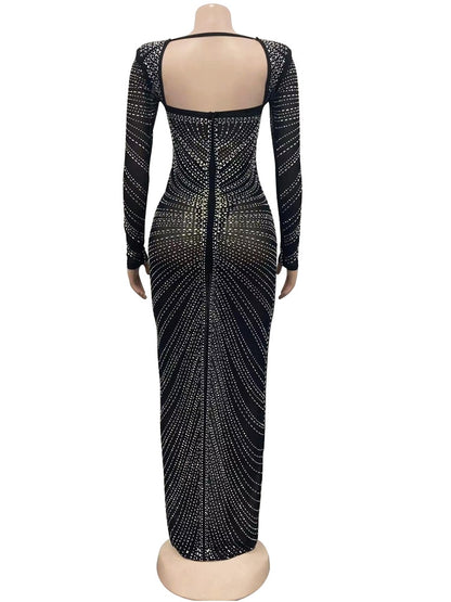 Kricesseen Sexy Mesh Rhinestone Crystal Patchwork Maxi Dress Gown Luxury