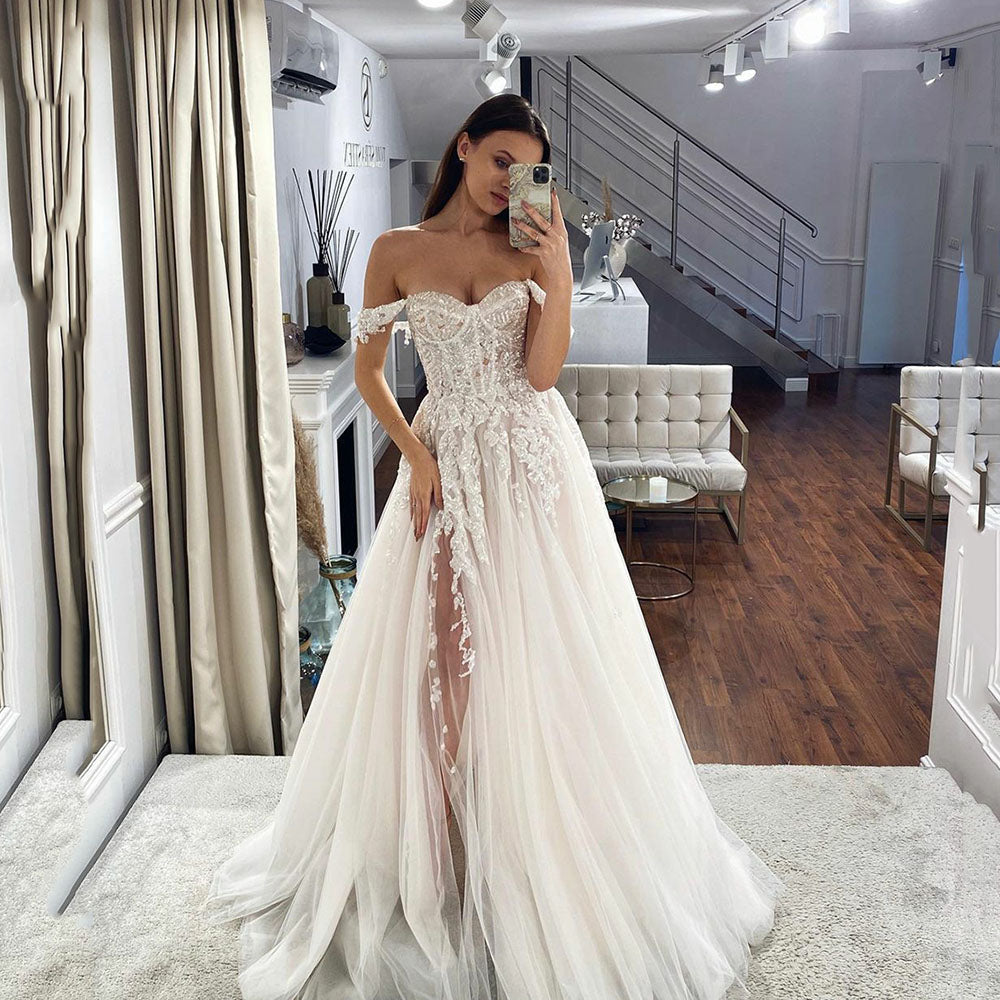 White Bridesmaid Dresses: Wedding Dresses Crystal Beading Off the Shoulder Lace