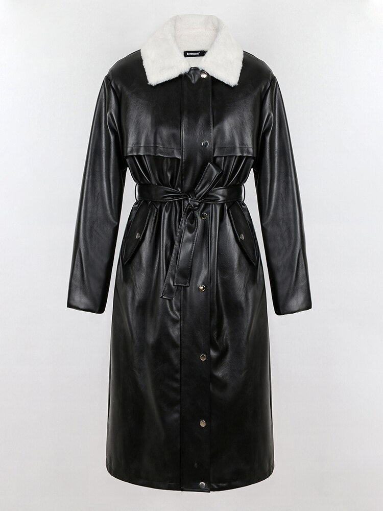 Winter Long Loose Casual Thick Warm Brown Black Pu Leather Coats