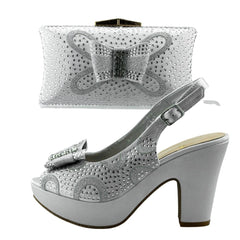 Rhinestone Chunky Heels with Matching Clutch Purse Ladies Shoes and Handbag