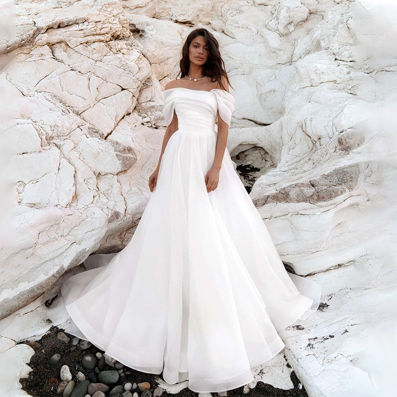 White Bridesmaid Dresses: A-Line Wedding Dress Off The Shoulder Court Train