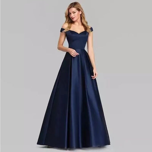 Homecoming Dresses: Off Shoulder Satin Prom Dresses Women Navy Blue Evening