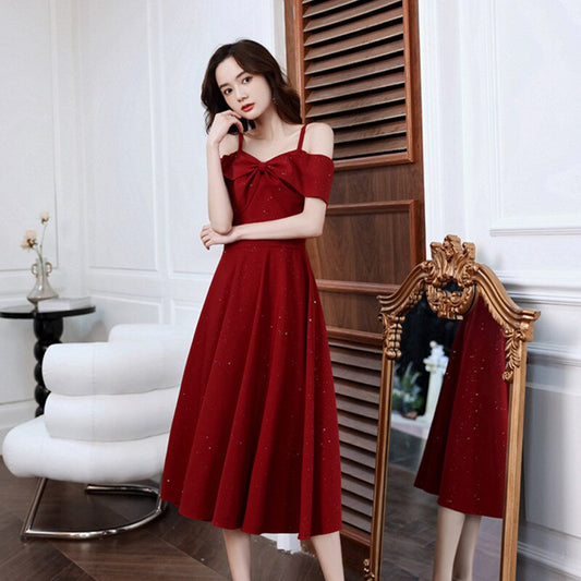 Evening wear Dresses: Women Prom Dresses Burgundy Spaghetti Strap