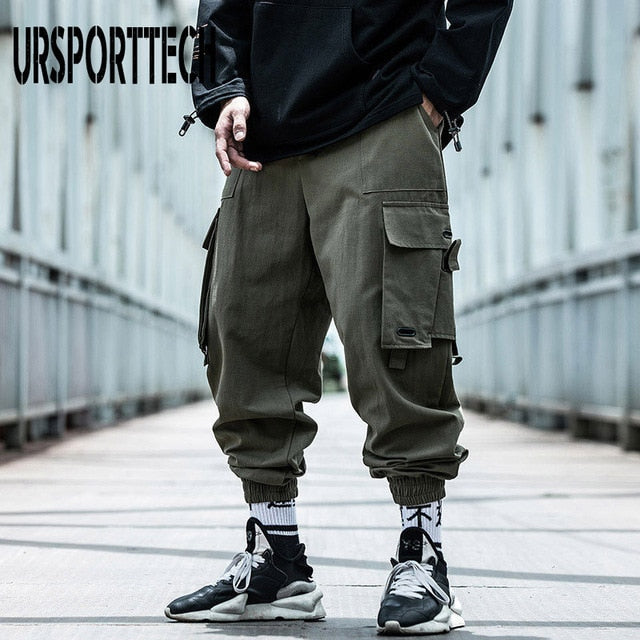 Hip Hop Joggers Men Letter Ribbons Cargo Pants Pockets Track Tactical Casual