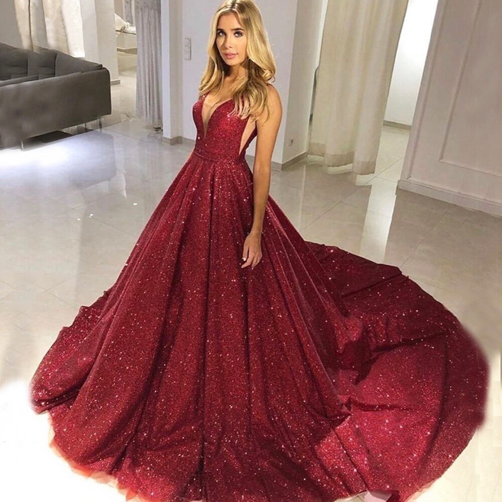 Champagne A-Line Prom Dresses V-Neck Wine Red Shiny Sequined