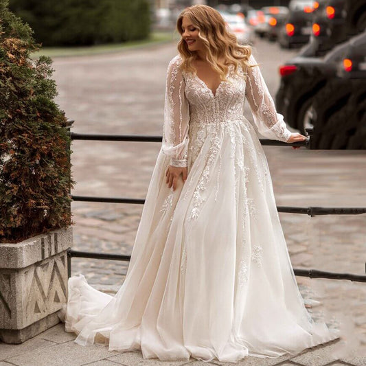 A-line Plus Size Wedding Dresses Tulle Long Sleeve Bridal Gown Sweep