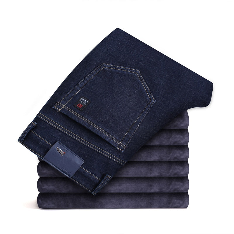 Men Fleece Warm Jeans Classic Style Business Casual