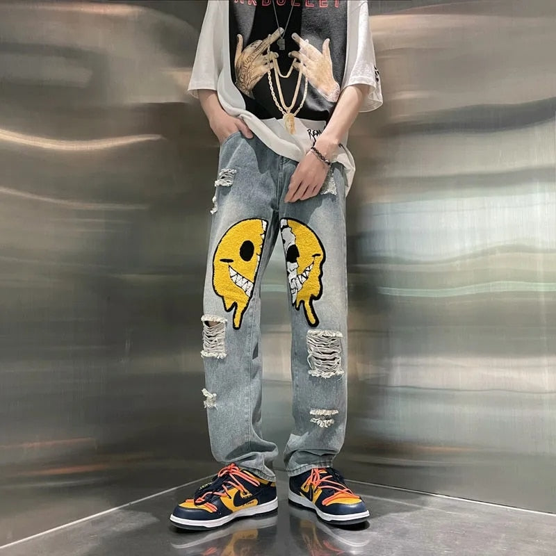 Ropa Smiley Embroidery Hole Ripped Baggy Men Hip Hop Jeans Pants Y2k