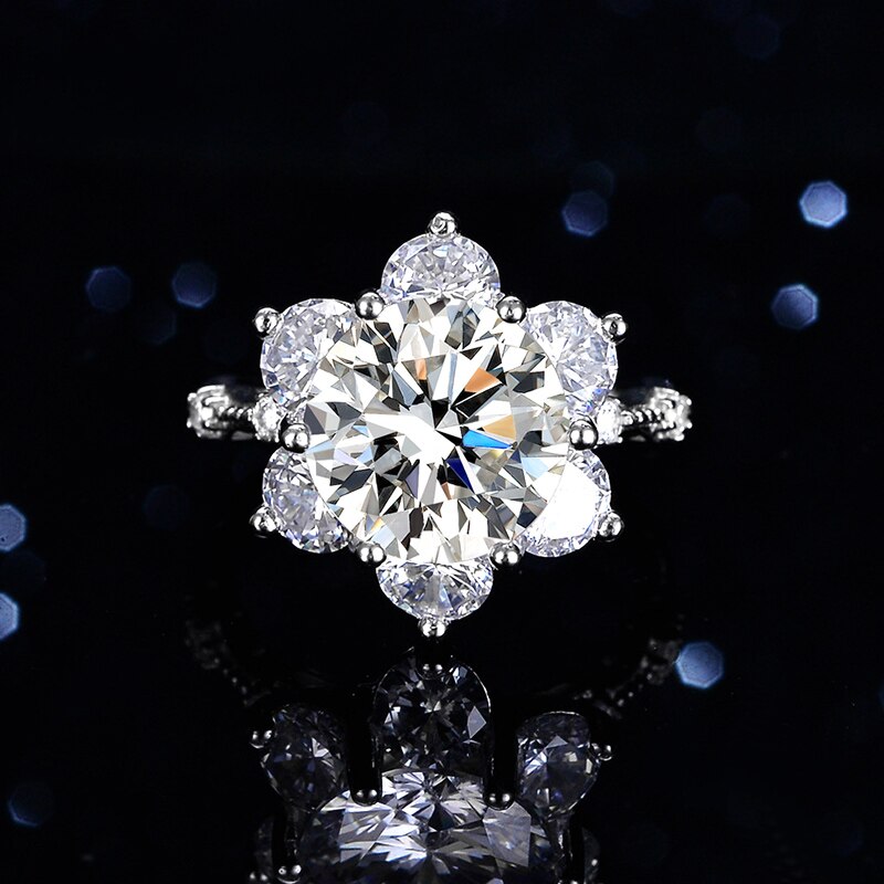 Silver Moissanite Flower Ring 5ct VSS 11MM with Certificate 100%-S925