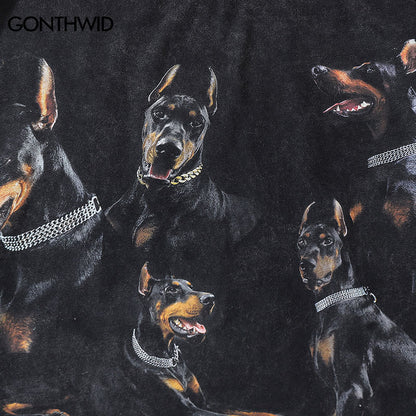 Oversize Distressed T Shirts Hip Hop Vintage Doberman Dog Print Punk Rock