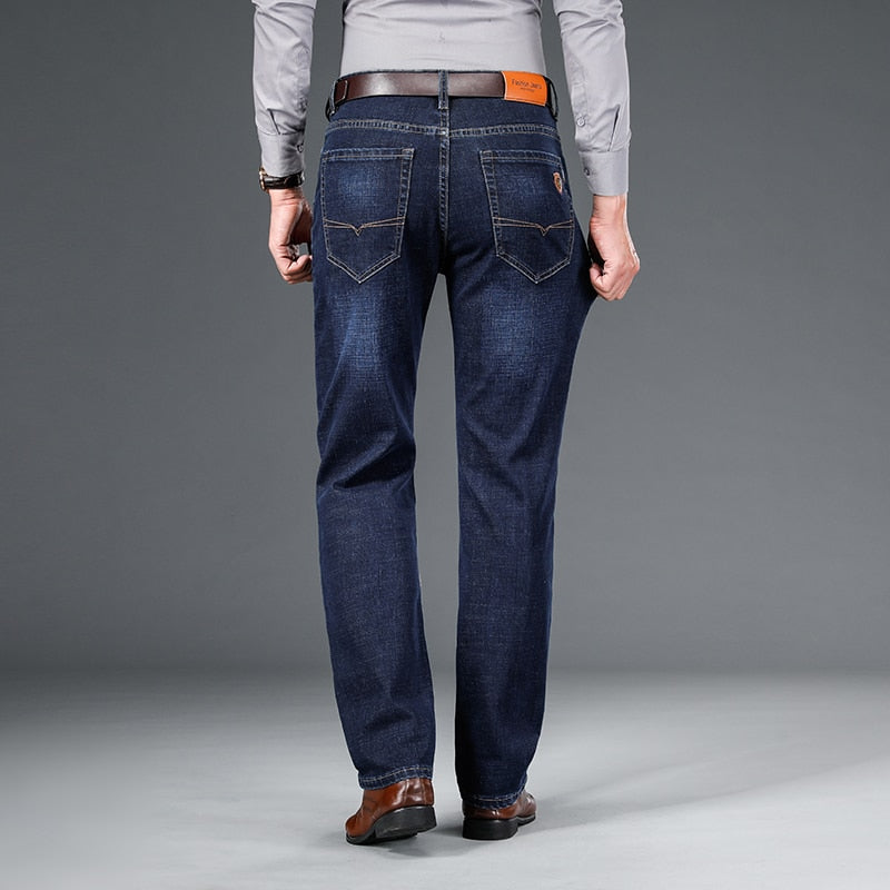 autumn spring fitted straight stretch denim jeans classic style badge youth men