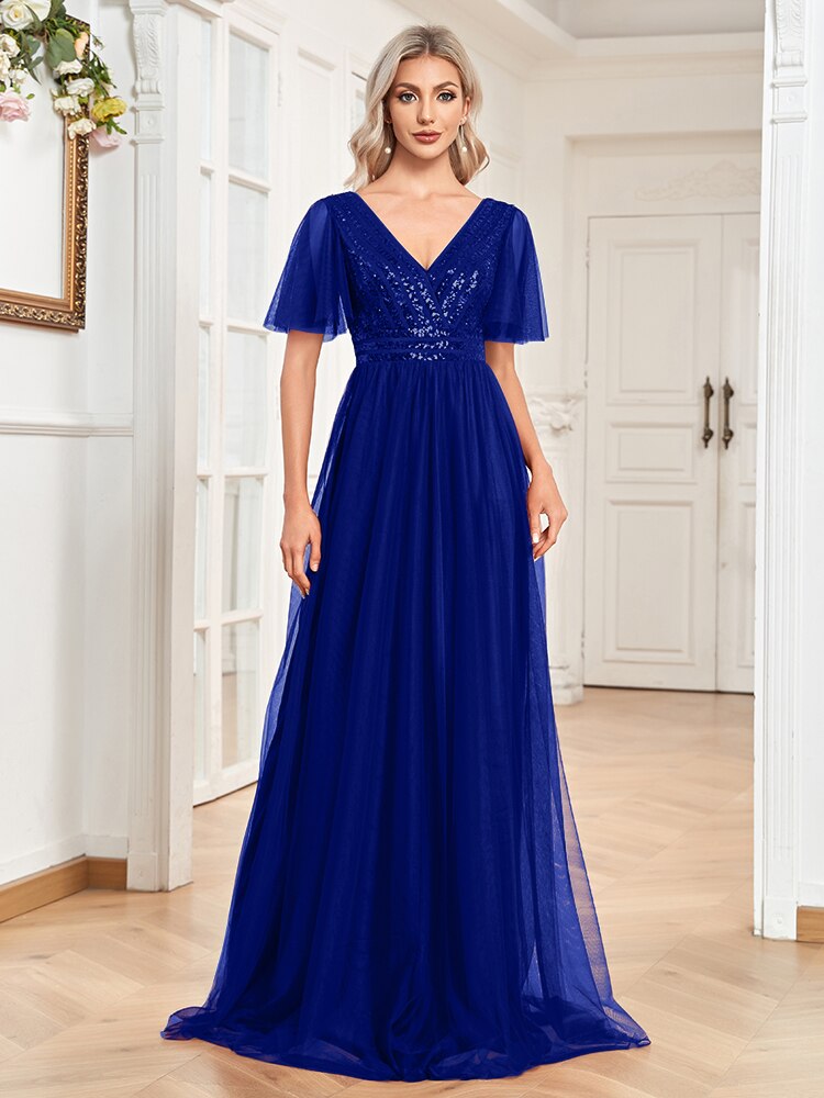 Evening wear Dresses: A-LINE Chiffon Short Sleeve V-Neck Simple Sequins Wedding